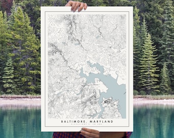 Baltimore Map Poster, Modern Minimalist Topographical Art Print of Baltimore in 16 x 20 , 18 x 24, or 24 x 30