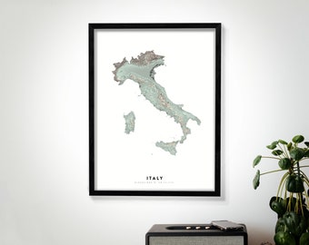 Italy Wall Art Relief Map Print, Modern Topographic Elevation Map of Italy in 16 x 20, 18 x 24, or 24 x 30