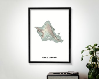 Oahu Hawaii Wall Art Relief Map Print, Modern Topographic Elevation Map of Oahu in 16 x 20, 18 x 24, or 24 x 30