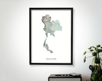Thailand Wall Art Relief Map Print, Modern Topographic Elevation Map of Thailand in 16 x 20, 18 x 24, or 24 x 30