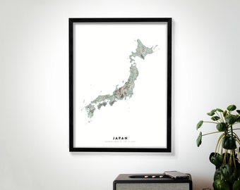 Japan Wall Art Relief Map Print, Modern Topographic Elevation Map of Japan in 16 x 20, 18 x 24, or 24 x 30