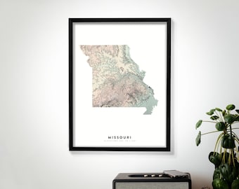 Missouri Wall Art Relief Map Print, Modern Topographic Elevation Map of Missouri in 16 x 20, 18 x 24, or 24 x 30