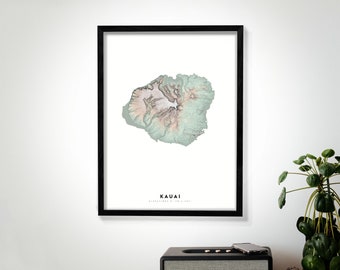 Kauai Hawaii Wall Art Relief Map Print, Modern Topographic Elevation Map of Kauai Hawaii in 16 x 20, 18 x 24, or 24 x 30