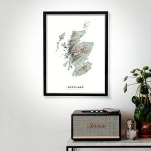 Scotland Wall Art Relief Map Print, Modern Topographic Elevation Map of Scotland in 16 x 20, 18 x 24, or 24 x 30