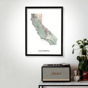 California Wall Art Relief Map Print, Modern Topographic Elevation Map of California in 16 x 20, 18 x 24, or 24 x 30