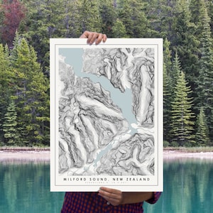 Milford-geluidskaart | Topografische print Milford Sound | Geluidskunst van Milford | Milford Sound-muurkunst | Nieuw-Zeelandse kunst | Milford Sound-poster