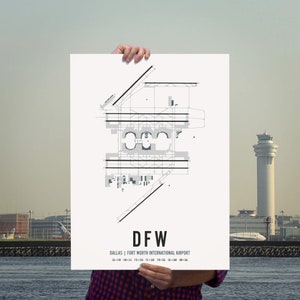 May include: A black and white airport layout diagram of Dallas Fort Worth International Airport (DFW) with the airport code DFW in large black letters. The diagram shows the runways, taxiways, and terminals of the airport.