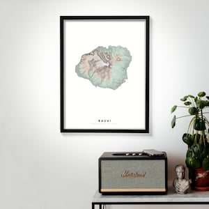 Kauai Hawaii Wall Art Relief Map Print, Modern Topographic Elevation Map of Kauai Hawaii in 16 x 20, 18 x 24, or 24 x 30