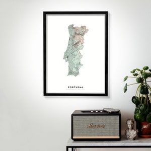 Portugal Wall Art Relief Map Print, Modern Topographic Elevation Map of Portugal in 16 x 20, 18 x 24, or 24 x 30