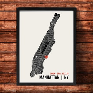 Ville de Manhattan personnalisé carte Art Print - Custom Run Affiche murale moderne - mariage ou cadeau de pendaison de crémaillère
