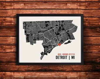 Personalized Detroit City Map Art Print - Custom Run Modern Wall Poster - Wedding or Housewarming Gift