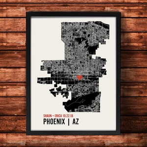 Personnalisé de Phoenix City Map Art Print - Custom Run Affiche murale moderne - mariage ou cadeau de pendaison de crémaillère