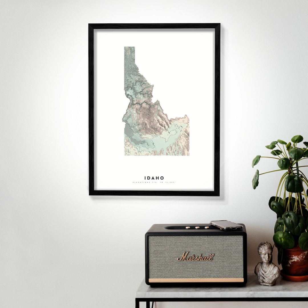 Idaho Wall Art Relief Map Print, Bohemian Modern Topographic Elevation ...