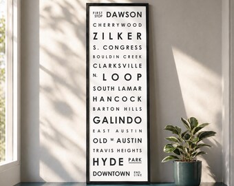 Affiche typographique Austin Texas | Décoration murale représentant un bus de quartier | Affiche vintage de la ville