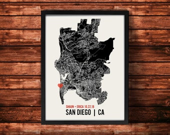Personalized San Diego City Map Art Print - Custom Run Modern Wall Poster - Wedding or Housewarming Gift