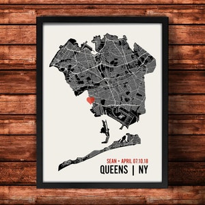 Personalized Queens City Map Art Print - Custom Run Modern Wall Poster - Wedding or Housewarming Gift