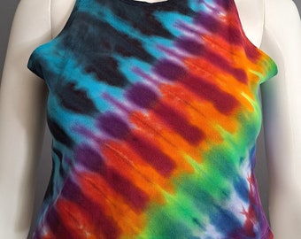 Adult Large Woman's or Junior's TIE DYE CROP Top. Rainbow Dark Blue Pleated or Accordion Fold. Hand Dyed by Morning Dew.