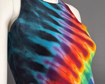 Adult Large Woman's or Junior's TIE DYE CROP Top. Rainbow Dark Blue Pleated or Accordion Fold. Hand Dyed by Morning Dew.