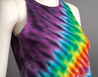 Adult Extra Large/XL Woman's or Junior's TIE Dye CROP Top. Rainbow Purple Pleated or Accordion Fold. Hand Dyed by Morning Dew.