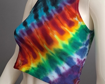 Adult Large Woman's or Junior's TIE DYE CROP Top. Rainbow Blue Pleated or Accordion Fold. Hand Dyed by Morning Dew.