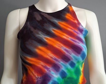 Adult Large Woman's or Junior's TIE DYE CROP Top. Rainbow Black Pleated or Accordion Fold. Hand Dyed by Morning Dew.