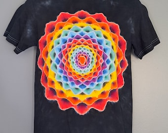 Adults Small Handmade Solid Black Background 16 Point Mandala Tie-Dye Shirt. | By: Morning Dew