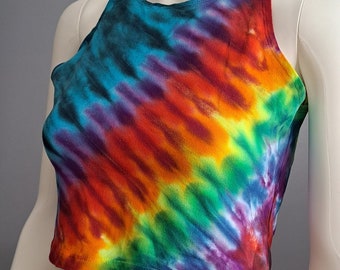 Adult Extra Large/XL Woman's or Junior's TIE Dye CROP Top. Rainbow Blue Pleated or Accordion Fold. Hand Dyed by Morning Dew.