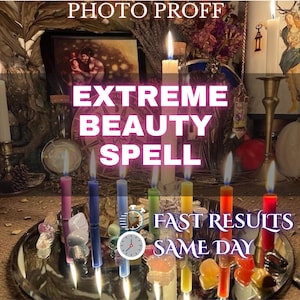 Könnte beinhalten: Eine Anordnung brennender Kerzen in verschiedenen Farben, darunter Rosa, Blau, Grün, Gelb, Orange und Rot, auf einem silbernen Tablett. Der Text "EXTREME BEAUTY SPELL" und "FAST RESULTS SAME DAY" ist überlagert. Der Hintergrund umfasst ein Bild und andere dekorative Gegenstände.