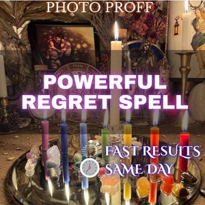 May include: A spiritual arrangement featuring lit candles of various colors, including pink, blue, green, yellow, orange, and red, on a silver tray. The text "POWERFUL REGRET SPELL" and "FAST RESULTS SAME DAY" are displayed. The image also includes crystals and other decorative elements.