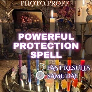 May include: A mystical display with lit candles in shades of pink, blue, green, yellow, and red, presented on a silver tray. The text "POWERFUL PROTECTION SPELL" is visible, alongside "FAST RESULTS SAME DAY".
