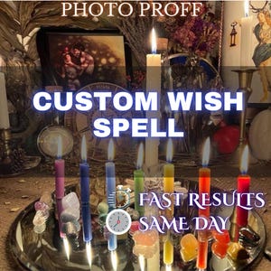 Può includere: Una collezione di candele accese di vari colori, disposte su un vassoio d'argento con cristalli e pietre preziose. Il testo "CUSTOM WISH SPELL" e "FAST RESULTS SAME DAY" è visibile. Tema mistico.