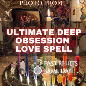 May include: A collection of lit candles in various colors, arranged on a silver tray. The text "ULTIMATE DEEP OBSESSION LOVE SPELL" is displayed prominently. Additional text reads "FAST RESULTS SAME DAY".