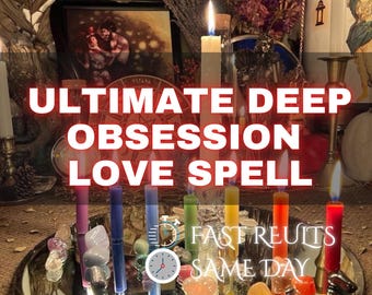 May include: A collection of lit candles in various colors, arranged on a silver tray. The text "ULTIMATE DEEP OBSESSION LOVE SPELL" is displayed prominently. Additional text reads "FAST RESULTS SAME DAY".