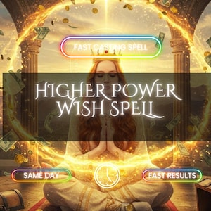 Peut inclure: Image avec le texte "Higher Power Wish Spell" et "Fast Casting Spell", "Same Day" et "Fast Results". Une personne aux longs cheveux roux portant une couronne médite. Des pièces d'or et des billets de banque flottent dans l'air.