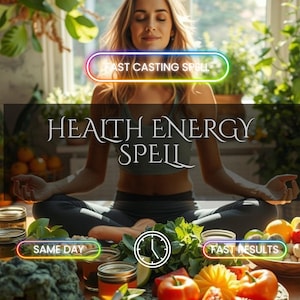 Könnte beinhalten: Eine Person meditiert mit dem Text „Health Energy Spell“. Das Bild enthält den Text „Fast Casting Spell“, „Same Day“ und „Fast Results“. Die Szene ist von frischen Produkten und Gläsern umgeben.