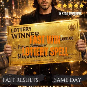 Op de afbeelding: Een grote rechthoekige gouden loterijwinnaarscheque met de tekst LOTTERY WINNER, FAST WIN LOTTERY SPELL, TO: Future Billionaire, AMOUNT: $10,000,000.00, 1234567890 12334 2024, 5 STAR REVIEWS, FAST RESULTS en SAME DAY.