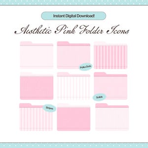 May include: Aesthetic Pink Folder Icons digital download. The image features nine pink folder icons with various patterns, including polka dots, stripes, and solids. The text "Instant Digital Download!" and "Aesthetic Pink Folder Icons" are displayed at the top.