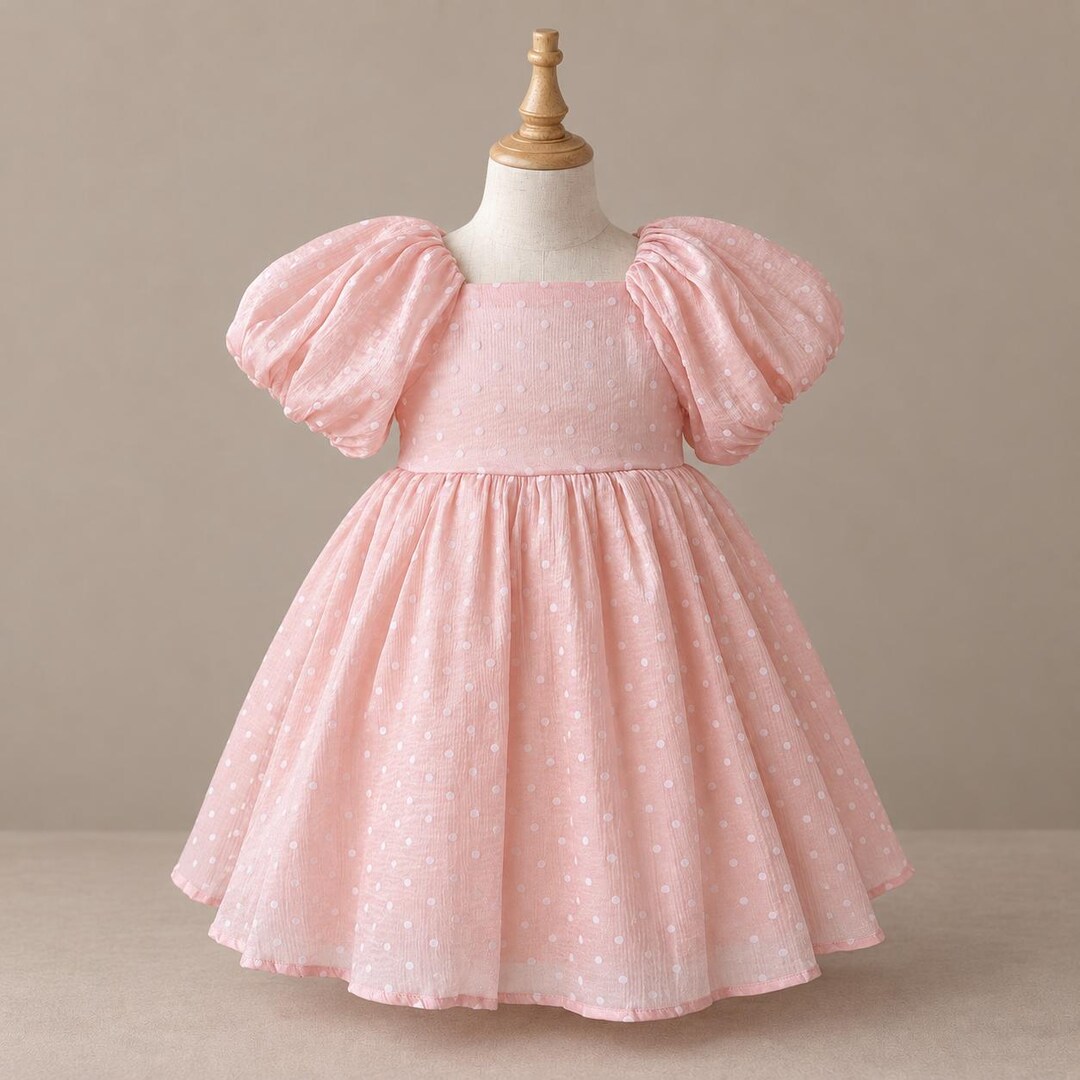 Girls Pink Chiffon Party Dress, White Polka Dots, Puff Sleeves & Cotton ...
