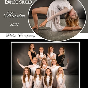 May include: A dance studio photo featuring a young person in a white dress arched backward. The image includes the text "Charisma Dance Studio", "Haizlee 2021", and "Pulse Company". A group of dancers in white and black outfits are also in the image.