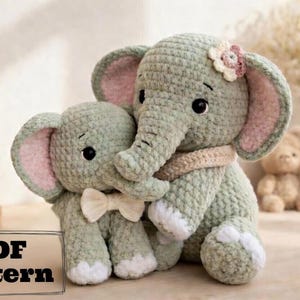 Crochet Mother And Baby Sitting Elephant, Handmade Plush Toy, Gift For Beginners (PDF pattern)