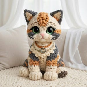 May include: A handmade crochet cat doll with large green eyes, a pink nose, and white whiskers. The cat has a cream, gray, and orange color scheme. It wears a decorative collar with a silver ring. The cat is sitting on a cream-colored crocheted blanket.