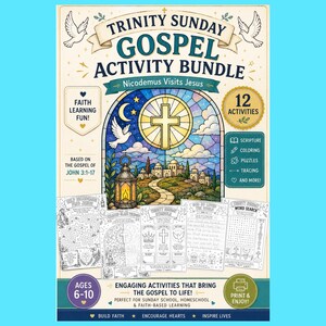 Könnte beinhalten: Ein Trinity Sunday Gospel Activity Bundle mit dem Text "Nicodemus Visits Jesus". Das Cover zeigt ein Buntglasfenster-Design mit einem Kreuz, einer Taube und einer Stadtlandschaft. Enthält 12 Aktivitäten wie Schrift, Ausmalen, Rätsel und Nachzeichnen für Kinder im Alter von 6-10 Jahren.