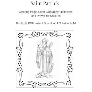 Könnte beinhalten: Schwarz-weiß druckbare PDF-Datei mit dem Heiligen Patrick. Das Bild enthält eine detaillierte Illustration des Heiligen Patrick, der ein Kleeblatt und einen Stab hält, umgeben von dekorativen Rändern. Der Text enthält "Malvorlage, kurze Biografie, Reflexion und Gebet für Kinder."