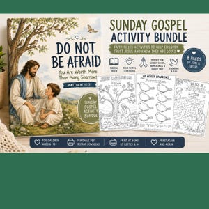 Könnte beinhalten: Ein Sunday Gospel Aktivitätsbündel mit einer Titelillustration einer Person mit einem Kind unter einem Baum mit Spatzen. Der Text lautet Do Not Be Afraid, You Are Worth More Than Many Sparrows, Matthew 10:31, und enthält verschiedene Aktivitätsseiten.