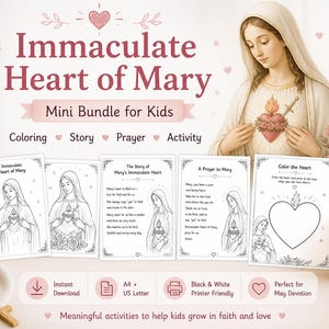 Könnte beinhalten: Ein Mini-Bundle für Kinder mit dem Unbefleckten Herzen Mariens. Das Bundle enthält Malvorlagen, eine Geschichte, ein Gebet und eine Aktivität. Das Bild zeigt eine Zeichnung von Maria mit einem Herzen und dem Text "Immaculate Heart of Mary".