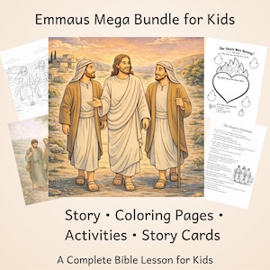 Könnte beinhalten: Ein illustriertes Bundle für Kinder, mit einem zentralen Bild von drei Figuren, die auf einem Weg gehen. Das Bundle enthält Malvorlagen, Story Cards und Aktivitäten. Der Text oben lautet "Emmaus Mega Bundle for Kids".