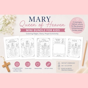 Könnte beinhalten: Ein Mini-Bundle für Kinder mit Malvorlagen, einer Geschichtenseite, einer Gebetsseite und einer Aktivitätsseite. Der Titel lautet "Mary Queen of Heaven". Die Seiten sind schwarz-weiß und enthalten Illustrationen von Maria und Engeln.