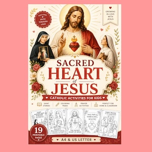 Könnte beinhalten: Buchcover mit dem Titel "Sacred Heart of Jesus" und dem Text "Katholische Aktivitäten für Kinder". Das Cover zeigt Illustrationen von Jesus, Heiligen und religiösen Symbolen. Enthält 19 druckbare Seiten.