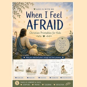 Könnte beinhalten: Christliches Druckset für Kinder mit dem Titel „Wenn ich Angst habe“. Das Bild zeigt Illustrationen von Jesus mit einem Lamm und Kindern, mit zusätzlichen Karten für Gefühle, Psalmen, Gebete, Ausmalen und Reflexion.