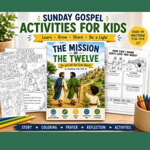 Puede incluir: Un libro de actividades dominicales sobre el Evangelio para niños titulado The Mission of the Twelve, con una ilustración central de dos figuras caminando hacia un pueblo, rodeado de páginas para colorear, hojas de actividades y lápices de colores.